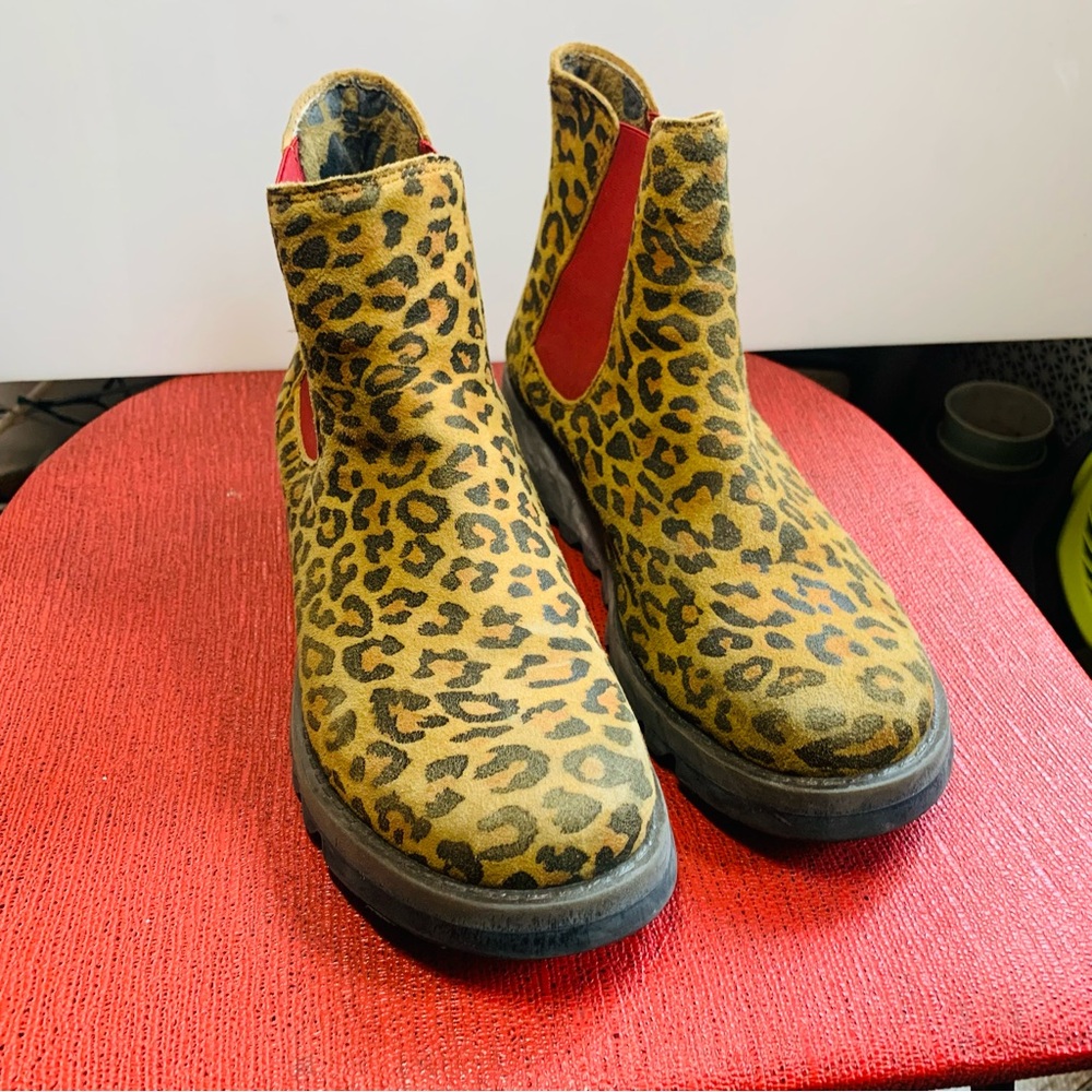 Fly London Salv  Leopard/ cheetah with red  chelsea Boots 37 6.5